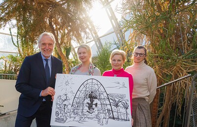 Stadtrat Günter Riegler, Illustratorin Jana Grabner, Kulturreferentin Gertraud Schaller-Pressler, Citymanagerin Verena Hölzlsauer (v.li.n.re.) bei der Präsentation der Ausmalkarte im Botanischen Garten Graz, Foto: Gerd Neuhold